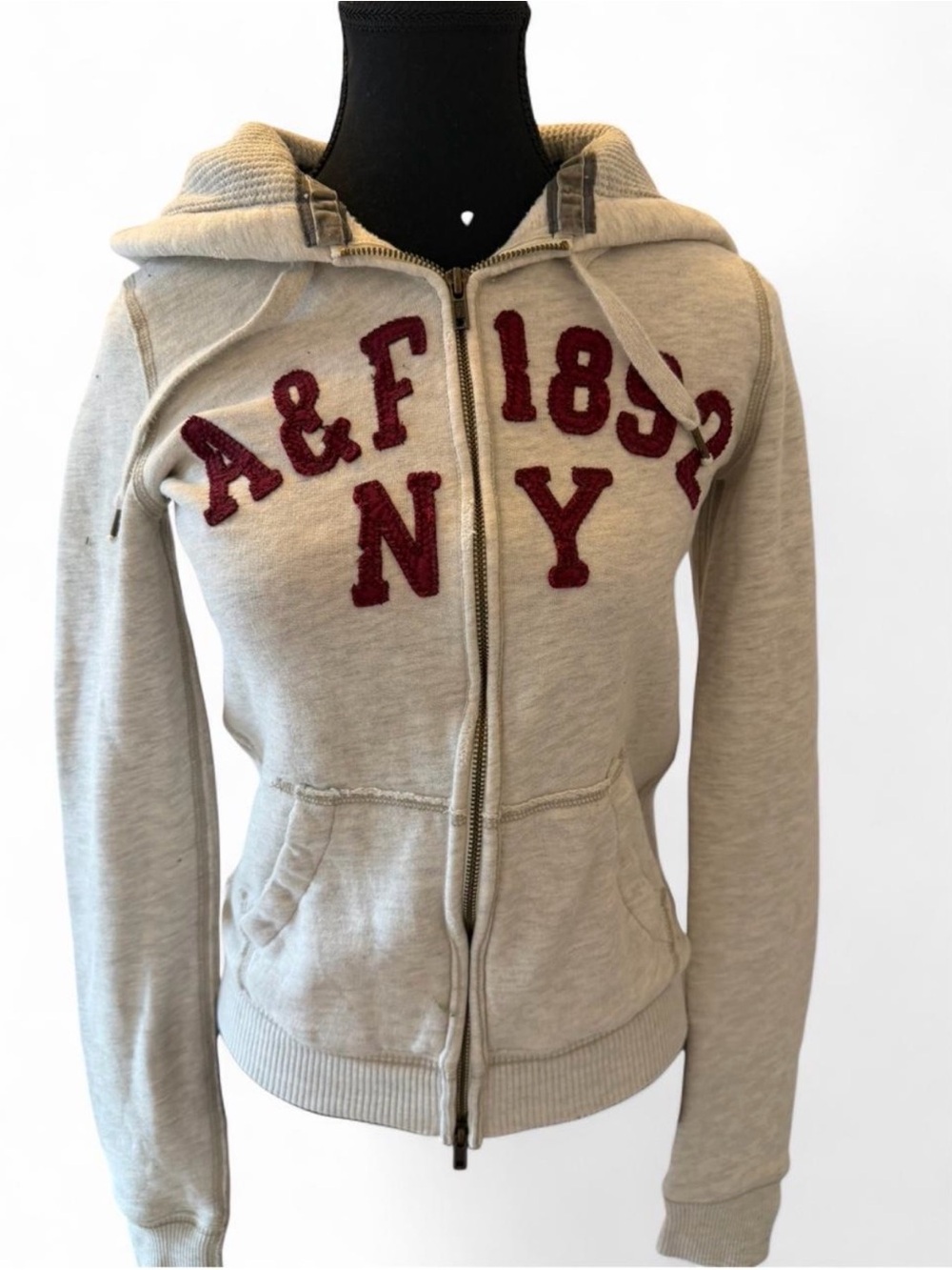 Abercrombie & Fitch Light Beige Zip Hoodie with Burgundy Appliqué